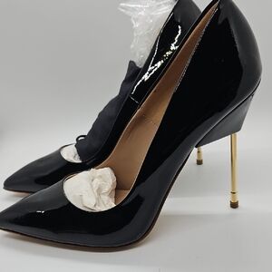 Kurt Geiger Black Patent Pointed Toe Pumps with Gold Stiletto Heel Sz 39